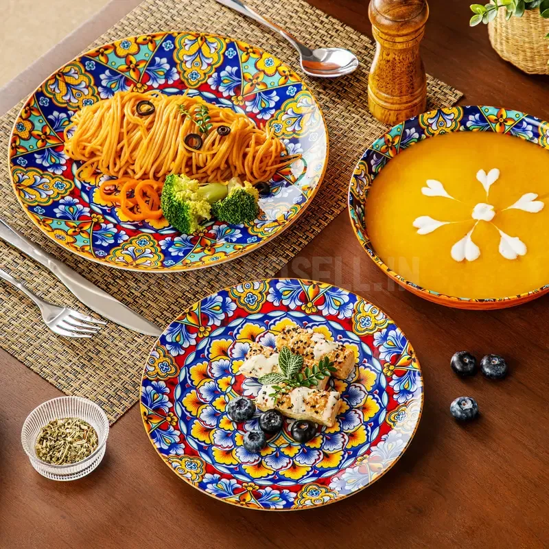 24pcs Dinner Set Stoneware Bohemian Style Tableware With Dinner Plate Dessert Plate Pasta Bowl Cereal Bowls Service for 6