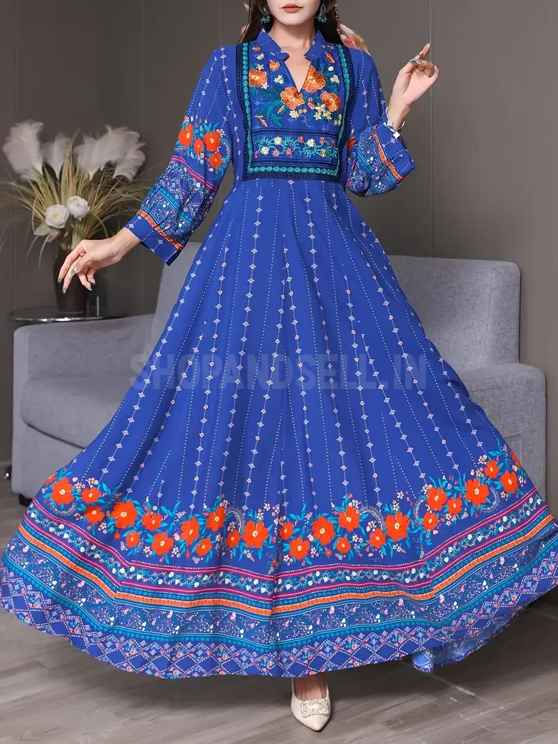 Elegant Blue Bohemian Maxi Dress with Intricate Embroidery