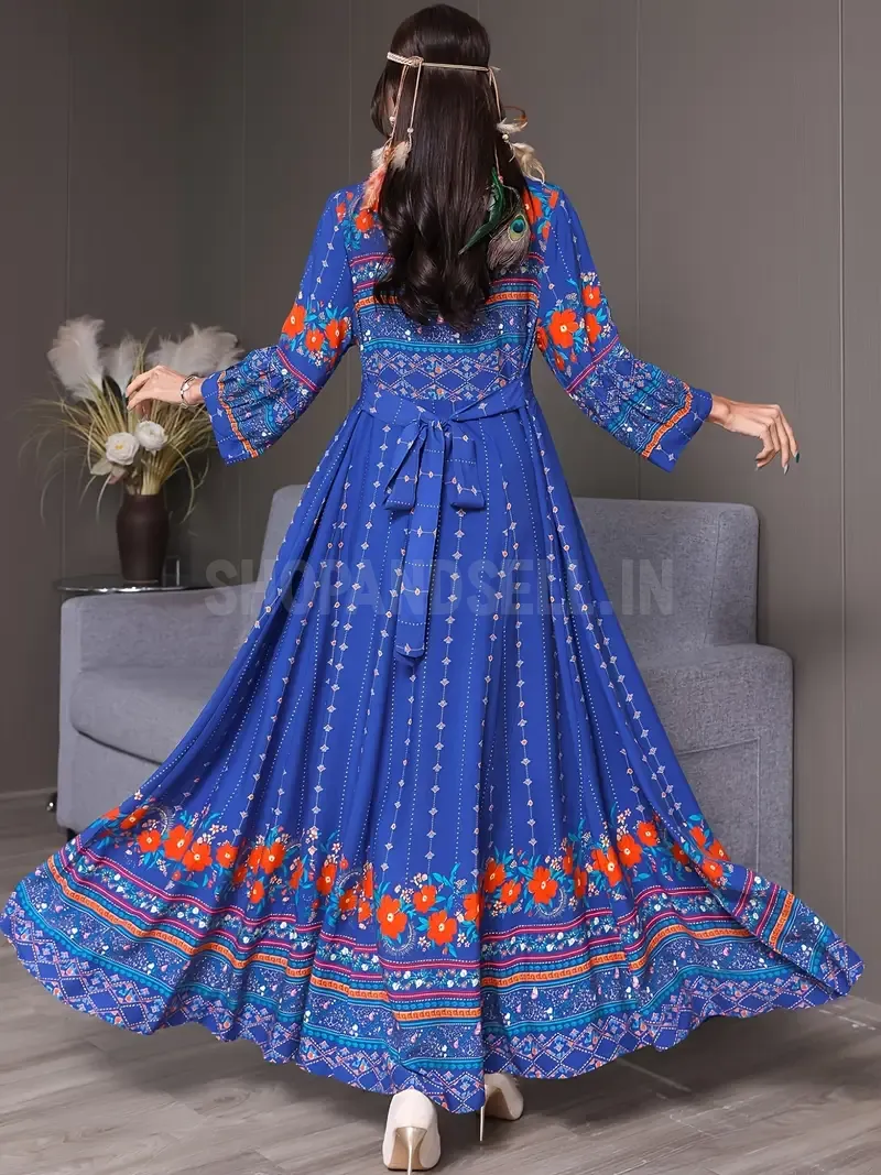Elegant Blue Bohemian Maxi Dress with Intricate Embroidery