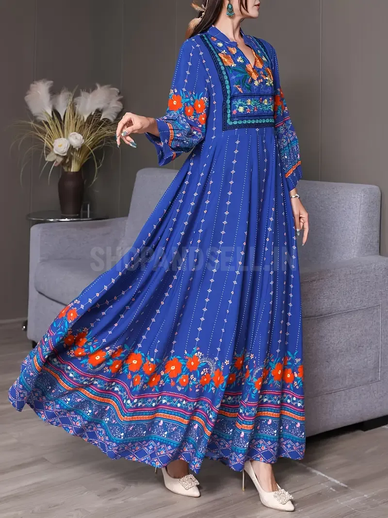 Elegant Blue Bohemian Maxi Dress with Intricate Embroidery